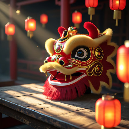 A detailed view of a vibrant red and gold dragon mask, likely used in a Chinese festival. The mask has a fierce expression with large eyes, prominent horns, and a wide open mouth revealing sharp teeth. It is adorned with fluffy yellow fur around the face and red tassels. Several red lanterns, illuminated and glowing, are scattered in the background, along with the blurred architecture of a traditional building. Sunbeams pierce through the scene, casting light and shadows on the wooden table...の素材