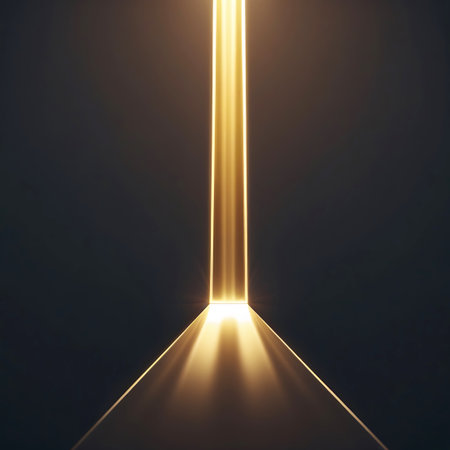 A narrow, vertical opening in a dark space emits a powerful, bright golden light that spills outwards, creating a dramatic illuminated pathway. The light source is intense, casting strong reflections and shadows on the surrounding surfaces, suggesting a gateway or a powerful energy source.の素材