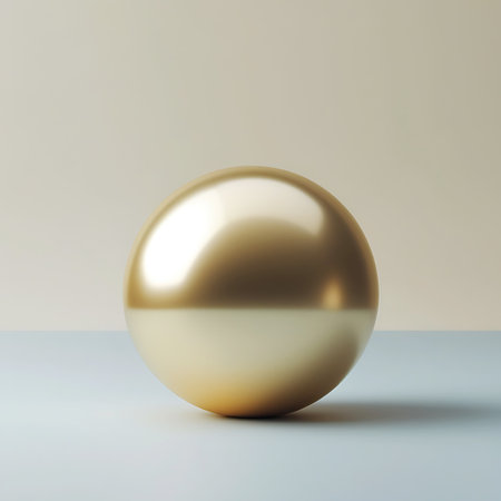 A warm-toned golden sphere with a highly polished and reflective surface is centrally placed on a light surface. The ambient studio lighting creates soft highlights and a gentle gradient across the sphere, with the top portion reflecting a richer gold and the lower section appearing lighter. The background is a soft, neutral color, contributing to the minimalist and elegant aesthetic of the rendered object.の素材