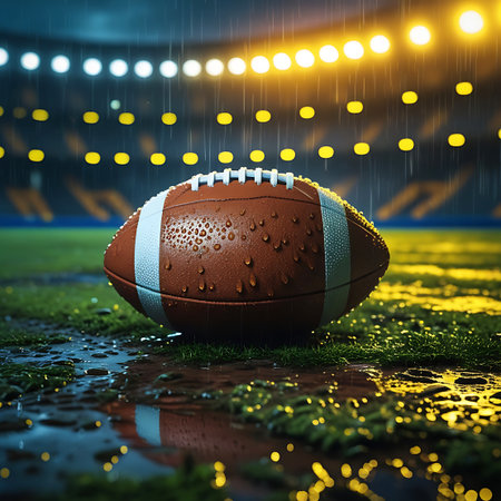 Rainy showing wet american football on rainy field under stadium lights keywords: american football, sport, game, ball, leather, laces, white laces, brown ball, water drops, rain, wet, grass, field, stadium, lights, stadium lights, dark, night, puddles, reflection, wet grass, wet field, outdoor, weather, competition, championship, touchdown, play, action, athletic, team sport, gridiron, oval ball, sports equipment, close-up, detailed, textured, atmospheric, moody, dramatic, cinematic, sports...の素材