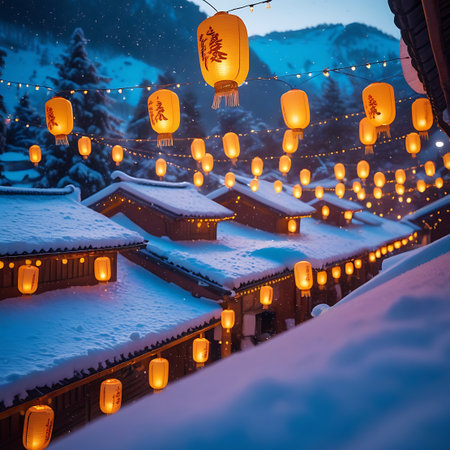 A vibrant winter scene depicting a snow-covered village illuminated by a multitude of glowing paper lanterns and string lights. The traditional architecture of the village is highlighted by the warm light against the cool tones of the twilight sky and snow. Snow-covered mountains and trees provide a scenic backdrop to this festive and atmospheric display.の素材