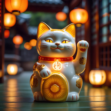 A white Maneki Neko figurine with golden accents and a red collar is depicted with its paw raised in a welcoming gesture. Its eyes glow with a warm yellow light, and a golden coin is visible on its chest. The background is softly blurred, showing traditional Japanese architecture and several glowing orange lanterns, creating a warm and inviting atmosphere.の素材