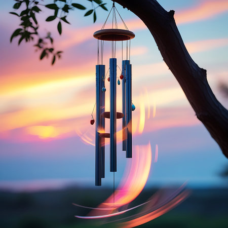 A metal wind chime with a wooden top and colorful beads hangs from a tree branch. The background features a vibrant sunset sky with hues of orange, pink, and purple, creating a peaceful and serene atmosphere. Motion blur streaks indicate the gentle movement of the wind chime and the surrounding elements.の素材