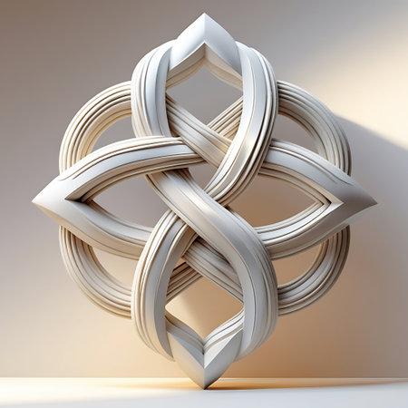 A white, three-dimensional sculpture of an interlocking geometric knot. The design features smooth, rounded loops that are interwoven symmetrically. The sculpture is presented against a neutral, softly lit background, casting subtle shadows that emphasize its form.の素材