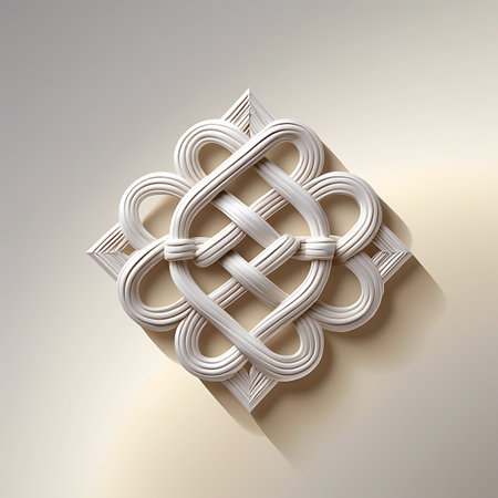 A white, three-dimensional sculpture of an intricately interwoven knot, framed within a diamond shape. The design features smooth, rounded loops that are symmetrically arranged. The sculpture is displayed against a soft beige background, with shadows highlighting its form.の素材
