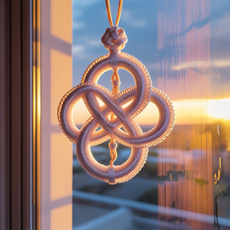A white decorative knot ornament with a tassel is suspended in front of a window. The ornament's complex, interwoven pattern is highlighted by the warm, golden light of the setting sun, which shines brightly from the right. A light-colored curtain is visible on the left, and the background offers a soft-focus view of an outdoor scene with a sunset sky.の素材