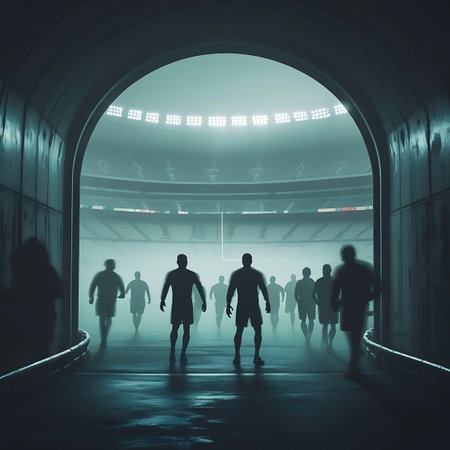 Towards showing silhouetted athletes entering bright stadium through dark tunnel keywords: sports, stadium, tunnel, entrance, exit, figures, silhouettes, people, crowd, team, athletes, game, match, competition, arena, field, light, bright, dark, shadow, mystery, anticipation, journey, entranceway, archway, pathway, illuminated, glowing, atmosphere, dramatic, perspective, forward, movement, group, unity, beginning, end, fog, mist description: silhouetted figures, resembling athletes, are seen...の素材