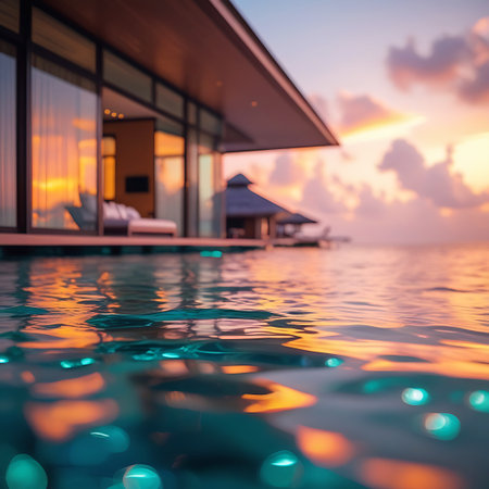 This image showcases a serene overwater villa during a vibrant sunset. The foreground is dominated by the shimmering surface of the ocean, with beautiful bokeh lights reflecting the warm colors of the sky. The villa, with its modern architecture and large windows, is visible in the background, blending seamlessly with the tranquil seascape.の素材