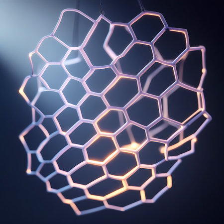 A spherical, three-dimensional structure made of interconnected hexagons is presented against a dark, moody background. The structure is translucent and catches light from multiple sources, creating a mix of warm orange and cool blue highlights. The intricate, repeating geometric pattern gives it a scientific and technological feel.の素材