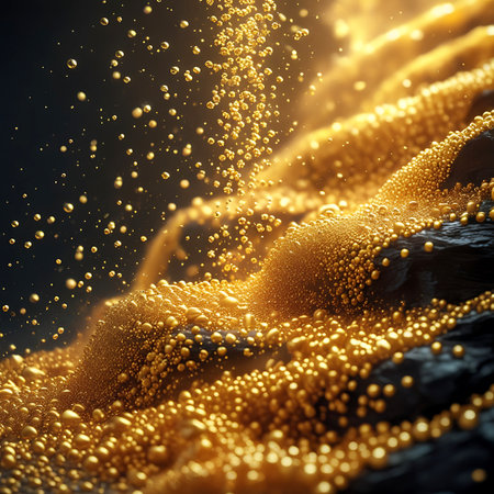 An abstract, macro perspective of golden liquid forming intricate patterns of bubbles and ripples. The shiny, metallic fluid glistens with bright light and soft bokeh effects against a dark, textured surface. The image captures the dynamic flow and organic shapes of the liquid, conveying a sense of luxury and vibrant energy.の素材