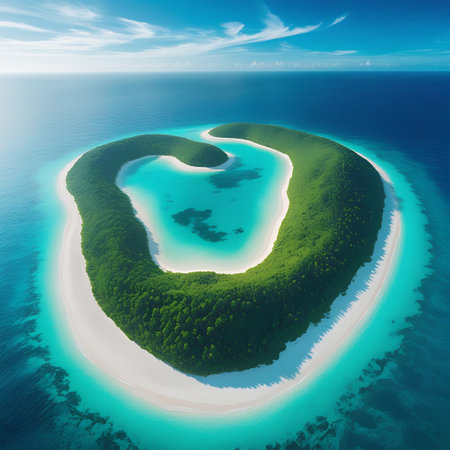 An aerial view showcases a stunning heart-shaped tropical island surrounded by vibrant turquoise waters. The island features a dense green forest covering its interior, bordered by pristine white sand beaches. The clear, shallow waters reveal the sandy bottom, creating a striking contrast with the deep blue ocean beyond. This remote and uninhabited paradise evokes feelings of romance and tranquility.の素材