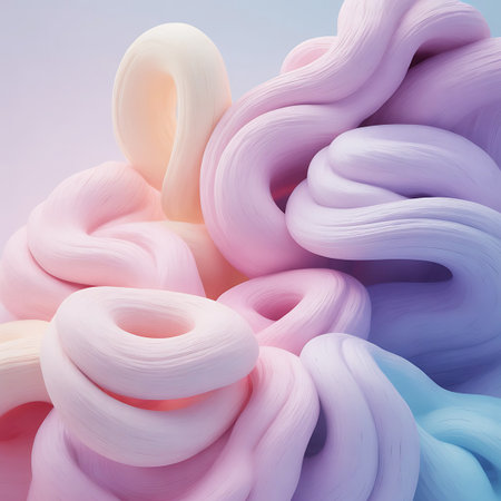 A close-up, abstract view of intertwined swirls of soft, pastel-colored material resembling dough or slime. The forms are smooth, organic, and flowing, with a gentle gradient of pink, purple, yellow, and blue. The lighting creates a soft, ethereal glow, highlighting the curves and creating a dreamy, whimsical aesthetic.の素材