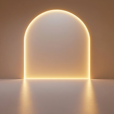 A softly rounded, arched opening is the focal point of this minimalist scene. A warm, golden light emanates from the edges of the arch, creating a gentle glow and a subtle gradient on the blank surface within. The floor is highly polished and reflective, mirroring the light and the architectural element, enhancing the clean and modern feel. This abstract space is suitable for product displays or presentations.の素材
