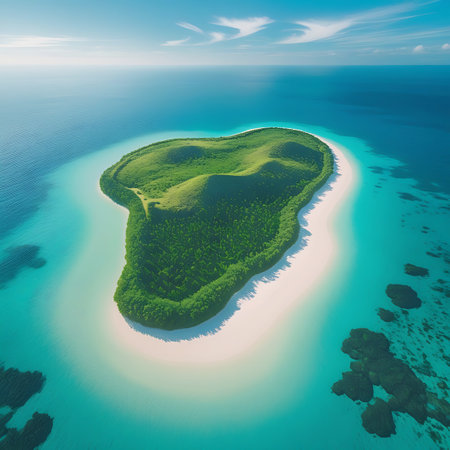 An aerial perspective of a small, lush green island surrounded by crystal-clear turquoise water and a pristine white sand beach. The island is densely covered in trees, forming rolling hills. The shallow waters around the island reveal hints of coral formations. The vast blue ocean stretches to the horizon under a bright sky with scattered clouds.の素材