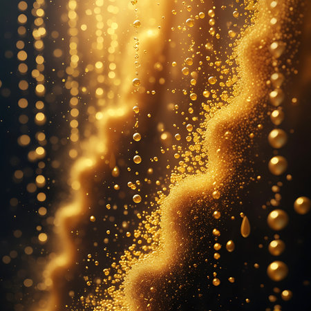 An abstract close-up of golden liquid with numerous small bubbles and larger droplets. The liquid forms undulating waves and curves, catching the light with a metallic sheen. The background is dark, making the golden elements stand out with their vibrant sparkle and shimmer. The image conveys a sense of dynamic movement and rich texture.の素材