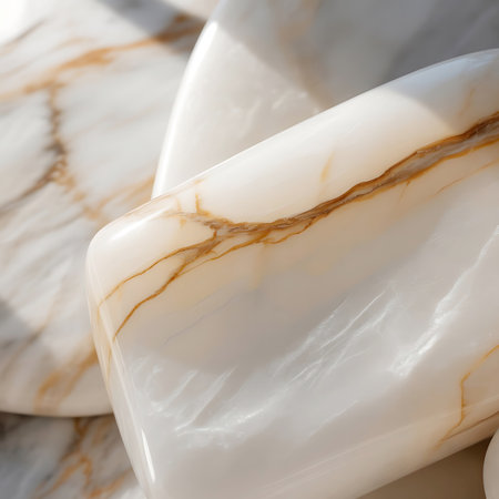 A detailed close-up shot of a polished white onyx surface featuring intricate golden veins. The light catches the smooth, translucent material, highlighting its natural patterns and creating soft shadows. The overall impression is one of luxury and natural beauty, suitable for backgrounds or design elements.の素材