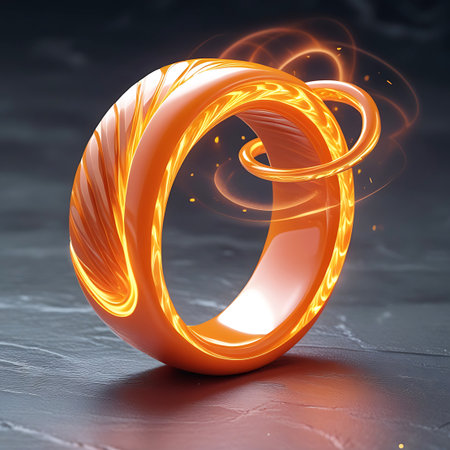 This 3D rendered image features a smooth, bright orange ring with a glossy finish. The ring is illuminated from within, casting a warm glow. Delicate, swirling tendrils of light in shades of yellow and orange emanate from the ring, creating an ethereal and dynamic effect. The dark, textured background emphasizes the brilliance and form of the central object.の素材