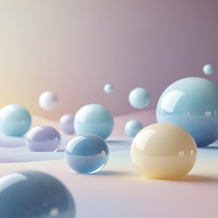A variety of smooth, shiny spheres in pastel shades of light blue, pale yellow, and soft purple are arranged on a surface with a subtle color gradient. Some spheres appear to be floating, while others are resting. The lighting is soft and diffused, creating gentle highlights and reflections on the surfaces of the spheres, contributing to a clean and serene visual.の素材