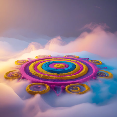 A vibrant and intricate rangoli design made from colorful powders is depicted floating amidst soft, ethereal clouds. The circular pattern features concentric rings of pink, yellow, and blue powder, with smaller yellow circular motifs radiating outwards. Wisps of white smoke and mist surround the artwork, creating a dreamlike and mystical atmosphere. The background transitions from a soft purple hue at the top to a lighter blue, suggesting a twilight or dawn sky.の素材