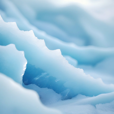 This image presents a detailed close-up of layered translucent blue ice. The sharp, defined edges of the ice layers are clearly visible, catching the light and creating a sense of depth and texture. The soft, blurred background enhances the focus on the intricate ice formations.の素材