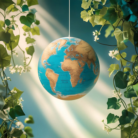 A detailed globe of the Earth, displaying continents and oceans, hangs centrally. It is enveloped by abundant green vines and small white flowers. Bright rays of sunlight pierce through the foliage, illuminating the scene and casting soft shadows on the blue background.の素材