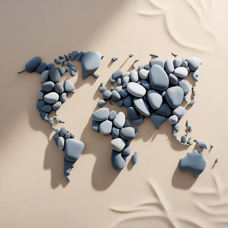 The continents of the world are depicted as a mosaic of smooth, rounded gray stones. These stones are meticulously placed on a surface of light beige sand, which is characterized by soft, flowing ripple patterns. The composition is viewed from directly above, with subtle shadows highlighting the contours of the landmasses and the texture of the sand.の素材