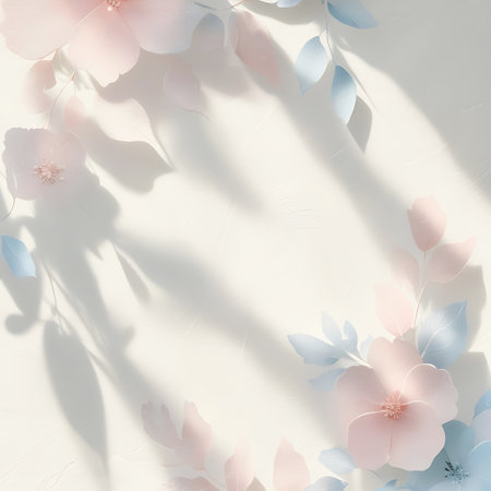 A gentle, airy arrangement of delicate pastel pink and blue flowers and leaves forms a loose wreath on a textured white background. Soft, diffused shadows of leaves and branches are cast across the surface, adding depth and a serene, ethereal quality. The composition is subtle, elegant, and softly decorative.の素材