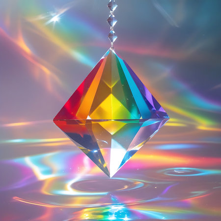 A clear, faceted diamond-shaped prism hangs suspended, catching light and casting vibrant rainbow-colored reflections and refractions onto a smooth, reflective surface below. The background is softly blurred, with streaks of light and color adding to the ethereal and magical quality of the image. The prism itself appears to glow with internal light.の素材