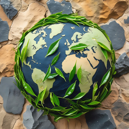A stylized representation of the Earth globe, depicted with continents in gold on a dark background, is artfully decorated with vibrant green leaves. The leaves are arranged around and scattered across the globe, symbolizing nature's embrace and growth. The globe is positioned against a textured stone wall, creating a visually striking contrast between the organic and the geological.の素材