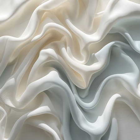 This image presents an abstract close-up of draped silk fabric. The material is characterized by its soft, flowing waves and intricate folds, which create a dynamic interplay of light and shadow. The color scheme consists of a delicate gradient of creamy white, off-white, and pale blue tones, emphasizing the fabric's smooth texture and subtle sheen.の素材