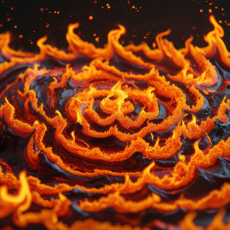 A close-up view of swirling, molten lava with intense orange flames licking upwards. The dark, viscous lava forms intricate, circular patterns, creating a sense of depth and movement. The flames are bright and energetic, highlighting the texture of the molten material. The background is dark, emphasizing the fiery glow of the lava.の素材