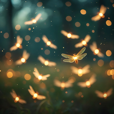A multitude of fireflies are scattered throughout a dark, out-of-focus forest scene, creating a magical and enchanting atmosphere. Each firefly glows with a warm orange light, and numerous blurred orange circles and sparks form a bokeh effect. The deep green background suggests a nighttime setting in nature.の素材