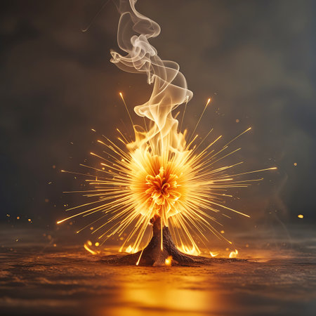 A vibrant, flower-like explosion of fire and light erupts from a dark, textured surface. Golden sparks radiate outwards from the central burst, and tendrils of white smoke ascend into the air. The ground below is illuminated by the intense glow of the fire.の素材