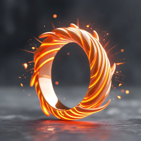 A close-up, 3D rendered image of a circular ring with a twisted, textured surface. The ring emits a vibrant orange and yellow glow, with bright light emanating from within its grooves. Small, fiery sparks and wisps of smoke trail around the object, suggesting intense heat and energy. The background is dark and textured, providing a stark contrast to the luminous ring.の素材