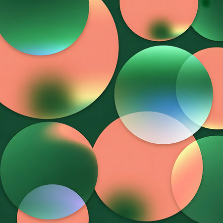 An abstract composition featuring a pattern of overlapping translucent circles. The circles display soft gradients of green, coral, peach, and hints of teal and blue. Some circles are opaque, while others are semi-transparent, allowing the colors and shapes beneath to show through. The overall effect is smooth, diffused, and visually appealing.の素材