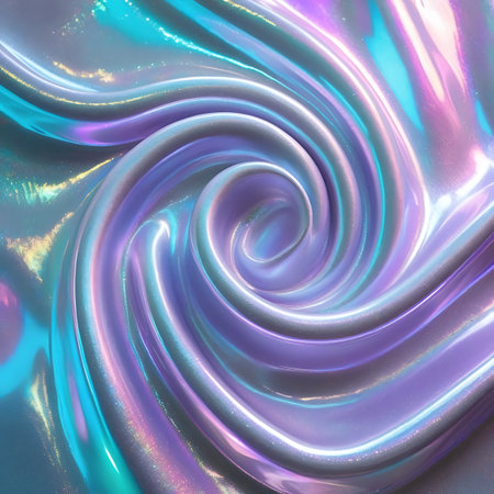 An abstract composition featuring a swirling pattern of holographic fabric. The material displays a lustrous, iridescent quality, reflecting light in a blend of pastel purple, blue, and pink hues. The smooth, fluid texture is accentuated by bright highlights and deep shadows, creating a sense of depth. Subtle glitter adds a sparkling dimension to the overall luminous and ethereal appearance.の素材