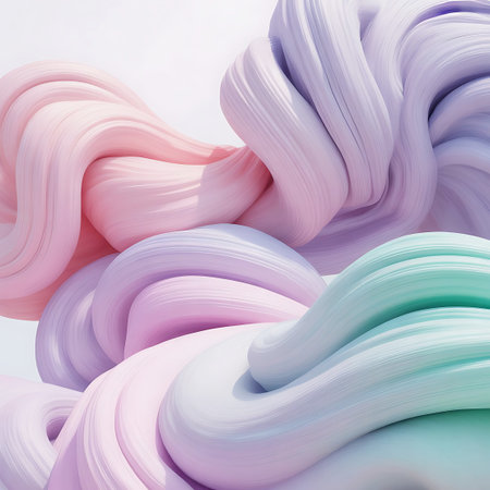 An abstract arrangement of thick, flowing ribbons of a soft, pastel-colored material. The colors include shades of pink, purple, and a light blue-green, with some areas appearing almost white. The material has a smooth, slightly glossy texture with visible striations that follow the curves and twists. The composition is fluid and dynamic.の素材
