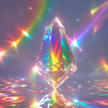 A clear, faceted crystal gemstone, resembling a diamond or a large jewel, is centrally positioned. It refracts and reflects a spectrum of rainbow colors, creating dazzling light effects and starbursts around it. The background is softly lit with pastel hues and scattered bokeh particles, enhancing the magical and ethereal atmosphere. The gemstone sits on a shimmering, reflective surface.の素材
