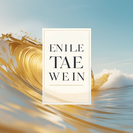 A close-up view of a golden ocean wave cresting, with sunlight creating a shimmering, sparkling effect on the water's surface. The wave's motion and energy are palpable. A clean, rectangular frame with text overlay is positioned centrally, partially obscuring the wave. The background features a clear blue sky and the calm sea.の素材