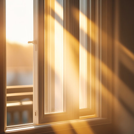 Golden sunlight streams through a window with vertical blinds, casting distinct striped shadows on the wall and floor. The light is warm and bright, suggesting either early morning or late afternoon. Through the window, a blurred view of a balcony with a railing is visible, hinting at an outdoor scene bathed in the same warm light.の素材