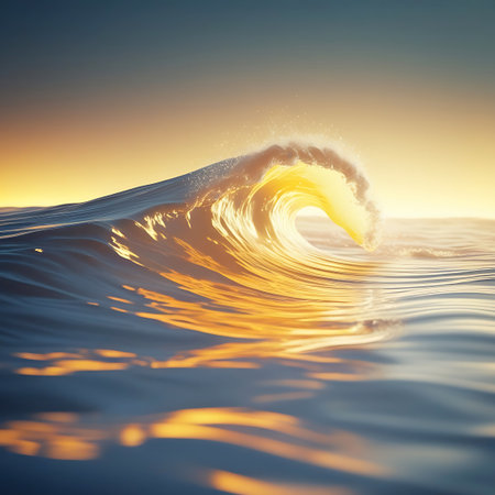 A single, powerful ocean wave crests and curls, illuminated by the warm, golden light of a sunset or sunrise. Sunlight shines through the translucent water, creating a glowing effect and reflecting on the rippling surface of the sea. The sky transitions from a deep blue at the top to a bright yellow and orange horizon.の素材