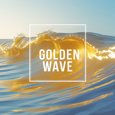 A majestic ocean wave is bathed in golden sunlight, causing the water's surface to shimmer and sparkle. The light creates a warm, radiant glow across the dynamic movement of the wave. The blue sky and calmer sea in the background offer a contrast to the illuminated crest. This image captures the beauty and power of the sea under sunlight.の素材