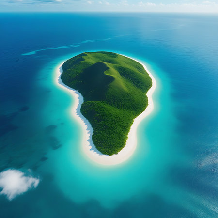 An aerial perspective reveals a solitary tropical island rising from the vast blue ocean. The island is characterized by its lush green, rolling hills and a narrow band of brilliant white sand encircling its shores. The surrounding turquoise water is exceptionally clear, highlighting the shallow reef areas. This isolated and serene landscape offers a vision of untouched natural beauty.の素材