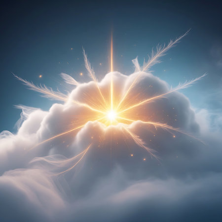 A powerful, golden sunburst explodes from within a dense, white cloud. Delicate, feather-like rays extend outwards from the central light source, interspersed with small glowing particles. The background is a gradient of blue sky, creating a sense of vastness and celestial wonder.の素材