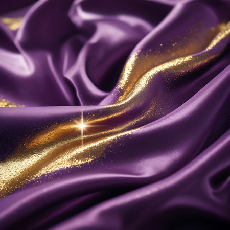 A close-up view of luxurious purple satin fabric is dramatically draped, revealing soft folds and waves. Scattered across the fabric are accents of shimmering gold glitter, catching the light and adding a touch of opulence. A bright starburst highlights a central fold, emphasizing the rich texture and shine.の素材