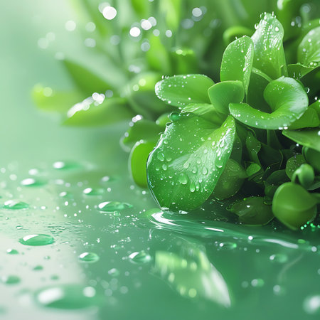 A detailed macro shot of a lush cluster of vibrant green leaves, heavily adorned with clear water droplets. The leaves are glistening, and the surface below them is wet, showing clear reflections. The background is a soft, out-of-focus green, emphasizing the freshness and detail of the plant.の素材