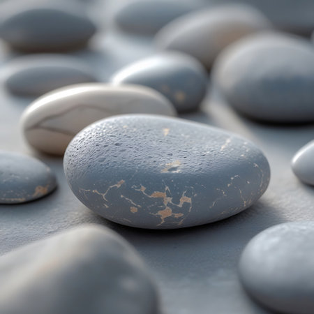 This image features a collection of grey and white pebbles with a textured surface, some adorned with small water droplets. The pebbles are arranged on a light grey, textured ground. The focus is on the details of the stones, including subtle cracks and the glistening effect of the water, evoking a sense of natural tranquility.の素材