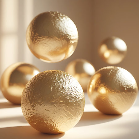 A collection of six golden spheres of varying sizes are arranged on a flat surface. Some spheres have a rough, textured surface resembling crumpled foil, while others are smooth and highly reflective. Soft, warm sunlight casts long shadows across the surface, creating a gentle and elegant atmosphere. The background is a neutral, softly lit wall.の素材