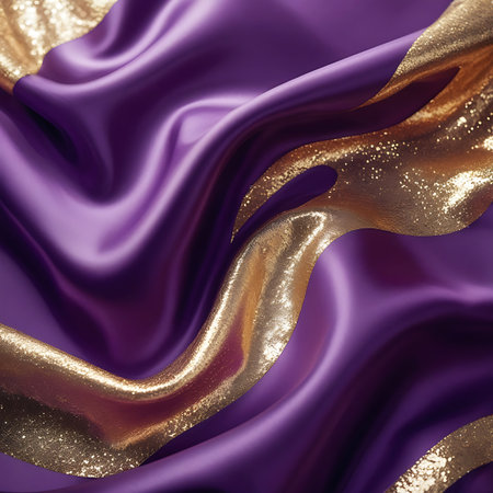 A close-up view of flowing purple silk fabric with a lustrous sheen. Golden glitter particles are scattered across the surface, creating a sparkling and luxurious effect. The fabric is draped in soft folds, highlighting its smooth texture and rich color.の素材
