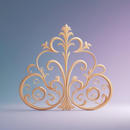 A single, ornate golden flourish element with intricate scrollwork and leaf-like details is presented against a soft gradient background transitioning from blue to purple. The metallic gold material reflects light, highlighting the delicate curves and symmetrical design of the decorative piece. The element stands on a subtle surface, casting a soft shadow.の素材